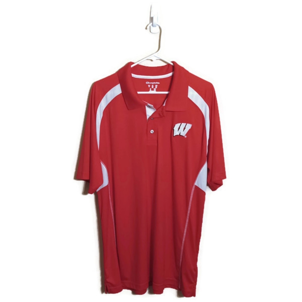 Champion Elite Men NCAA Wisconsin Badgers Team Logo Sideline Polo Golf Shirt XL